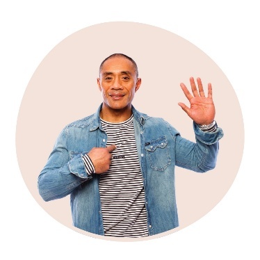 A person pointing to themself with their other hand raised.