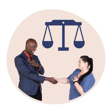 2 people shaking hands and smiling under a set of balanced scales of justice.