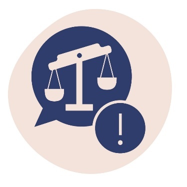 A speech bubble that shows an unbalanced scale. Next to the speech bubble is an importance icon.