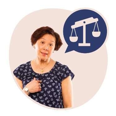 A person pointing to themself. Above them is a speech bubble that shows an unbalanced scale.