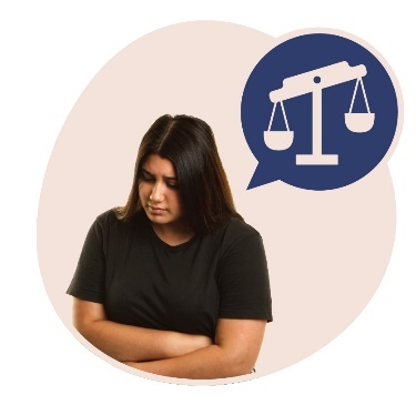 A person looking down with their arms crossed looking upset. Above them is a speech bubble that shows an unbalanced scale.
