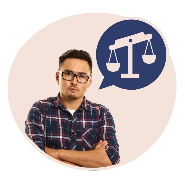 A person frowning with their arms crossed. Above them is a speech bubble that shows an unbalanced scale.