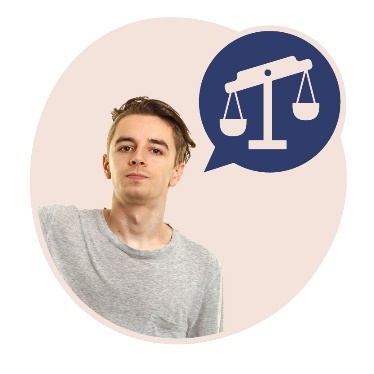 A person with a speech bubble that shows an unbalanced scale.