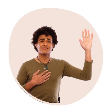 A person pointing to themself and raising their other hand.